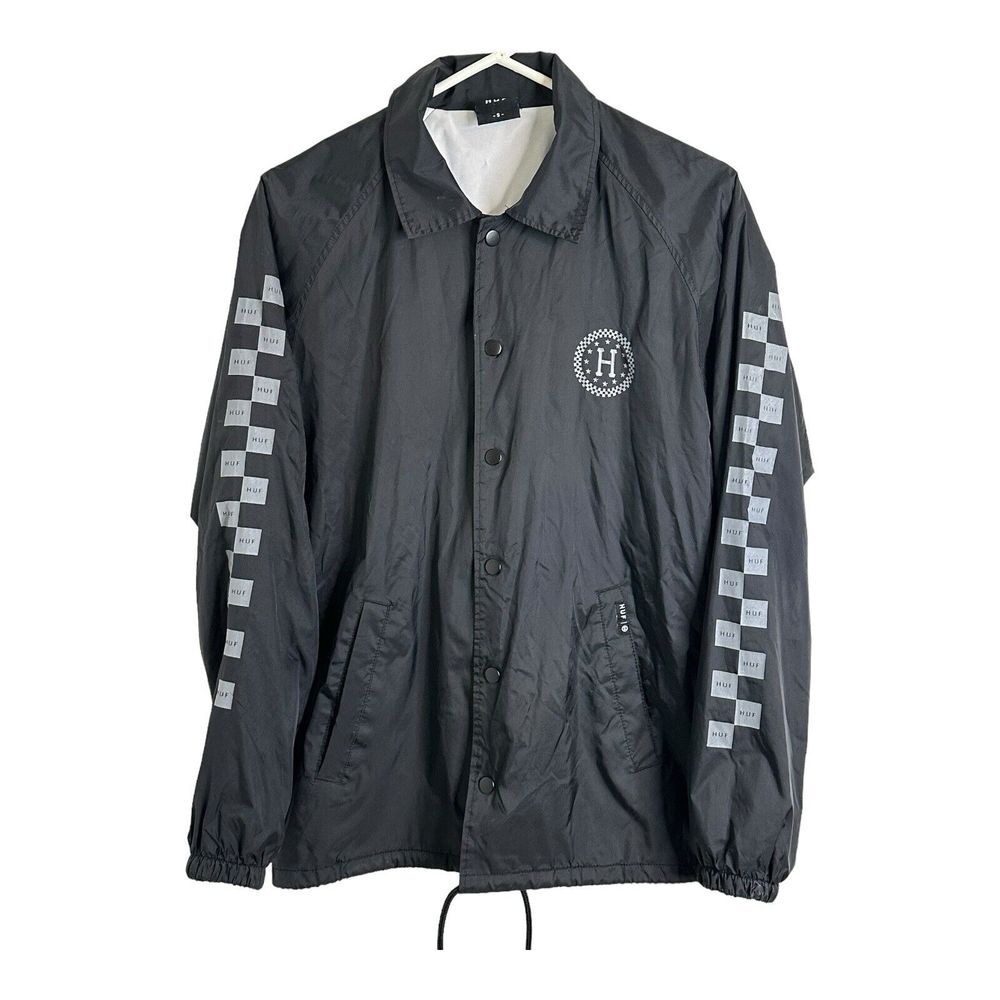 HUF Jacket Adult Small Black Windbreaker Checkered Logo‎ Sleeves Snap Mens